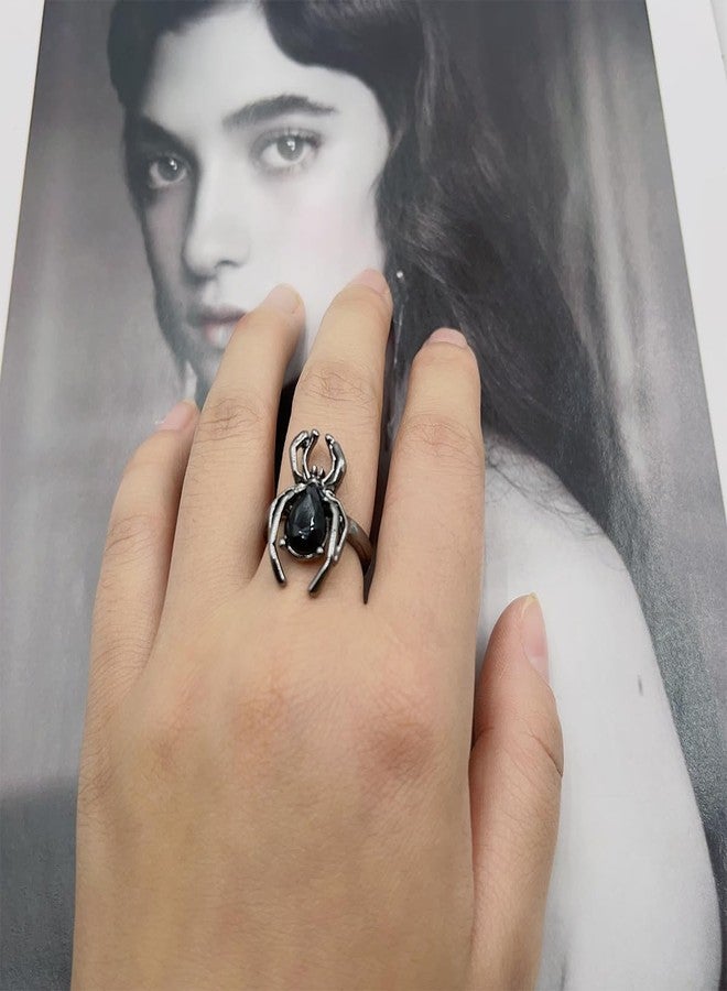 eartif Spider Rings for Women Men Vintage Gothic Black Gem Knuckle Ring Adjustable Open Couple Rings Halloween Party Favors (Black) - Image 4